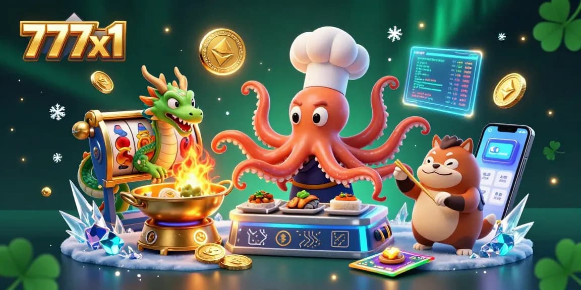 Experience thrilling jackpots with 777x1, surrounded by vibrant gaming elements in a 3D casino scene.