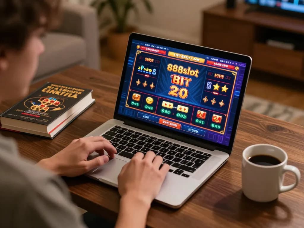 Engaging 888slot online gaming experience with a cozy home setting and vibrant interface