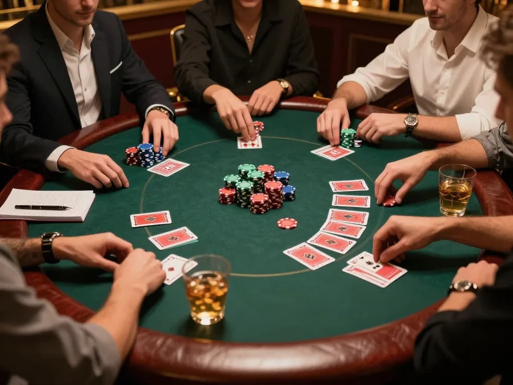 Go8 players engaged in friendly poker gameplay at a stylish private poker table in an inviting atmosphere.