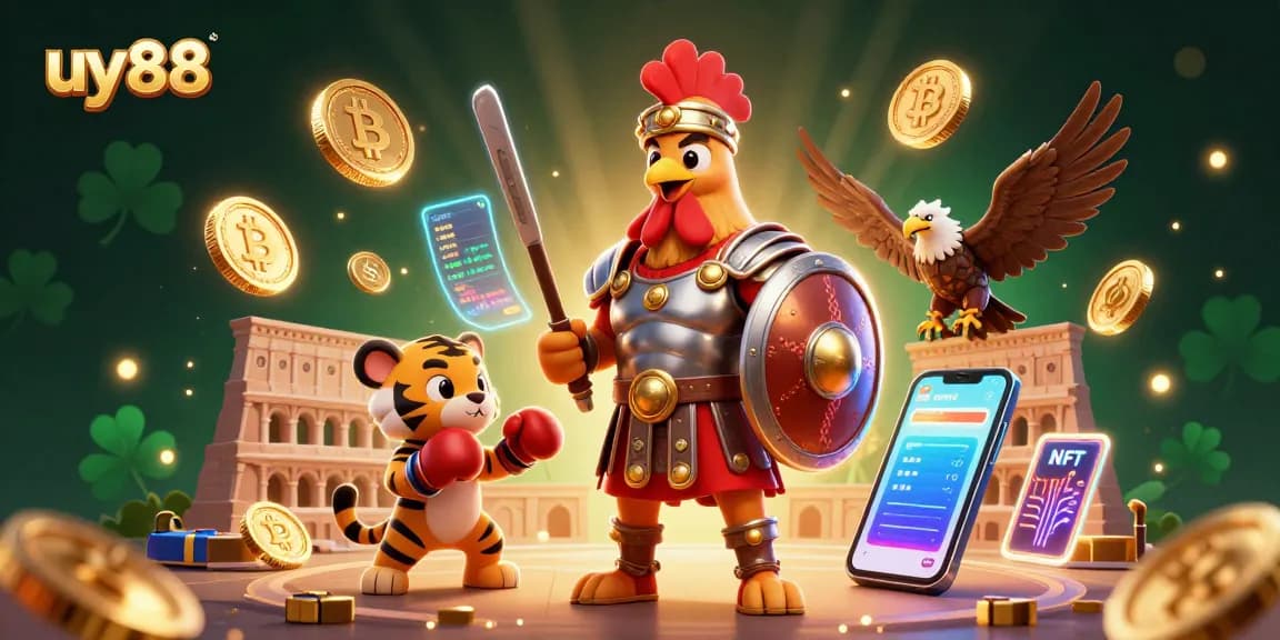 Experience the thrill of uy88 with a gladiator rooster and tiger cub in a vibrant gambling arena.