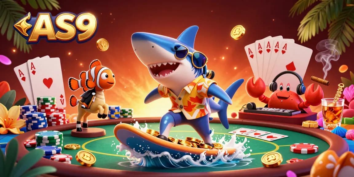 Experience the thrill of AS9 with a shark surfing on gold coins alongside poker elements in vibrant 3D.