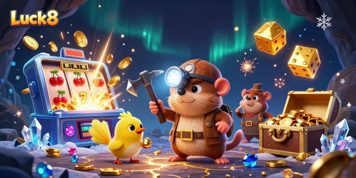 Luck8's treasure hunter mole celebrates casino wins with themed elements in a rich 3D scene.