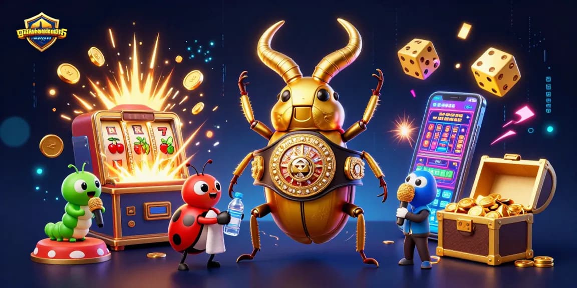 Experience gamebaidoithuong5's captivating casino scene featuring a golden stag beetle and lively game elements.