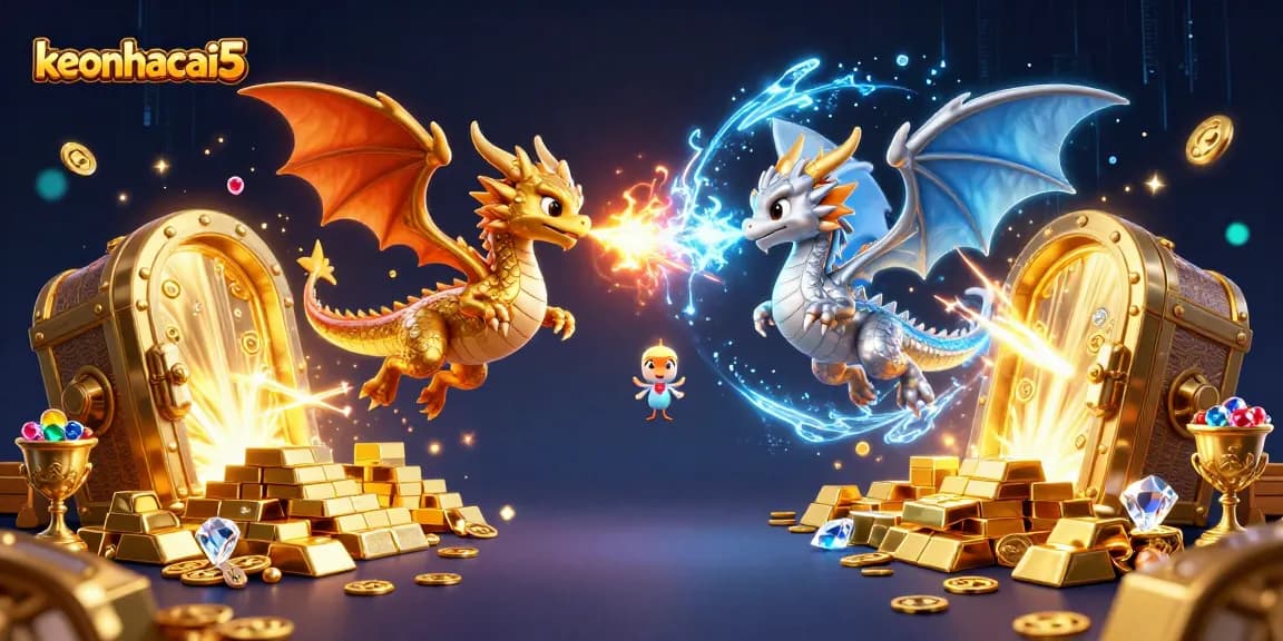 Engage in thrilling bets with keonhacai5 as twin 3D cartoon dragons showcase a mystical scene.