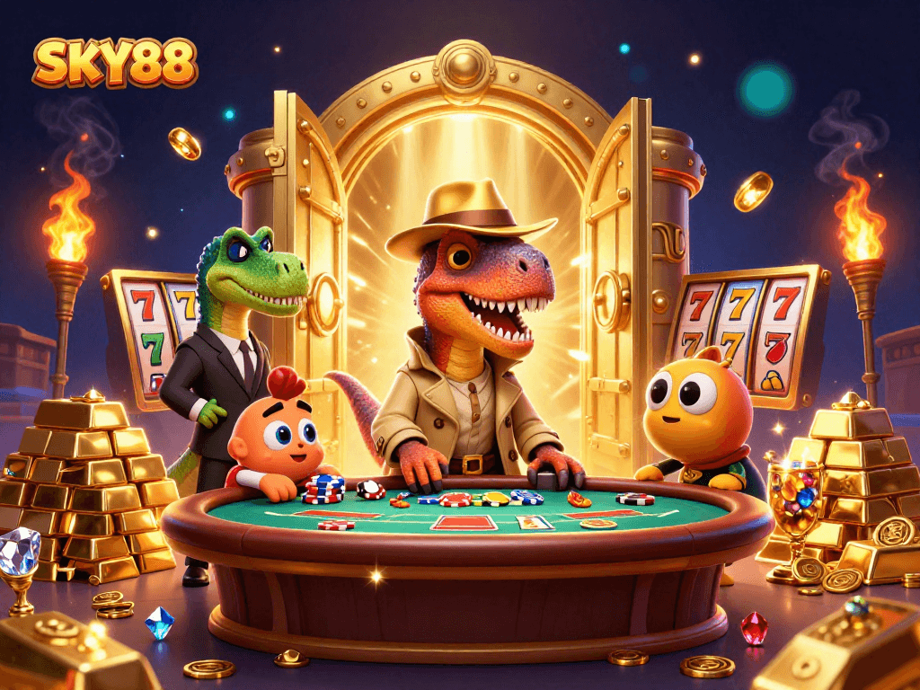 Experience slots in style with SKY88, featuring a cartoon velociraptor at a blackjack table surrounded by treasures.