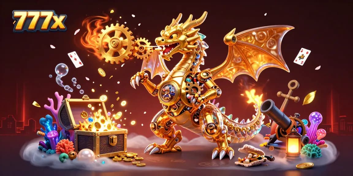 Experience thrilling gameplay with 777x featuring a dynamic golden dragon amidst vibrant casino treasures.