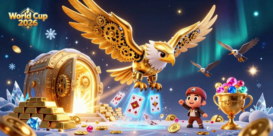 Experience the thrilling atmosphere of World Cup 2026 with a dynamic illustration featuring a flying eagle and holographic playing cards.