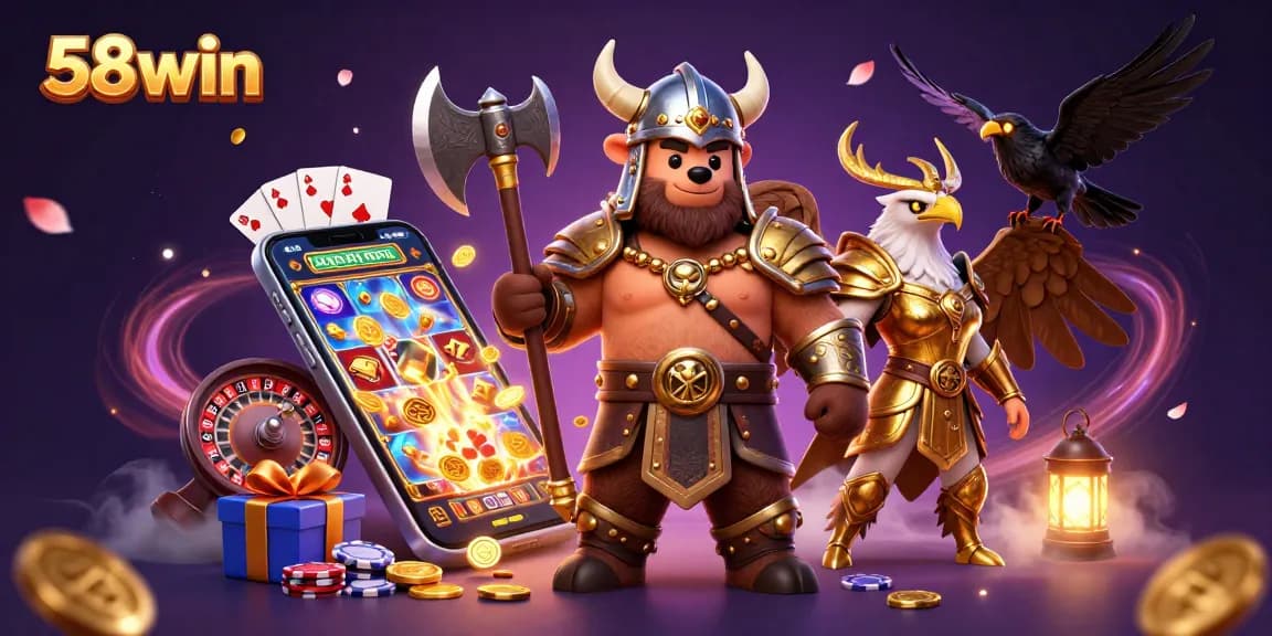 Experience exciting gameplay with 58win in a vibrant casino illustration featuring dynamic slot games.