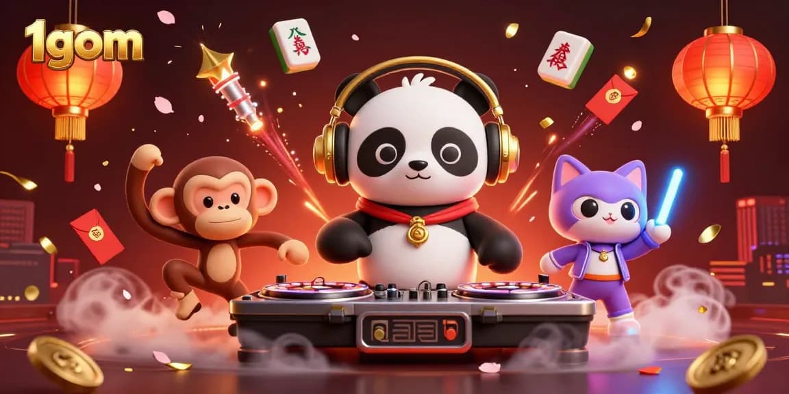 Join the 1gom fun as a DJ panda spins on roulette while a monkey breaks dances, surrounded by festive elements.