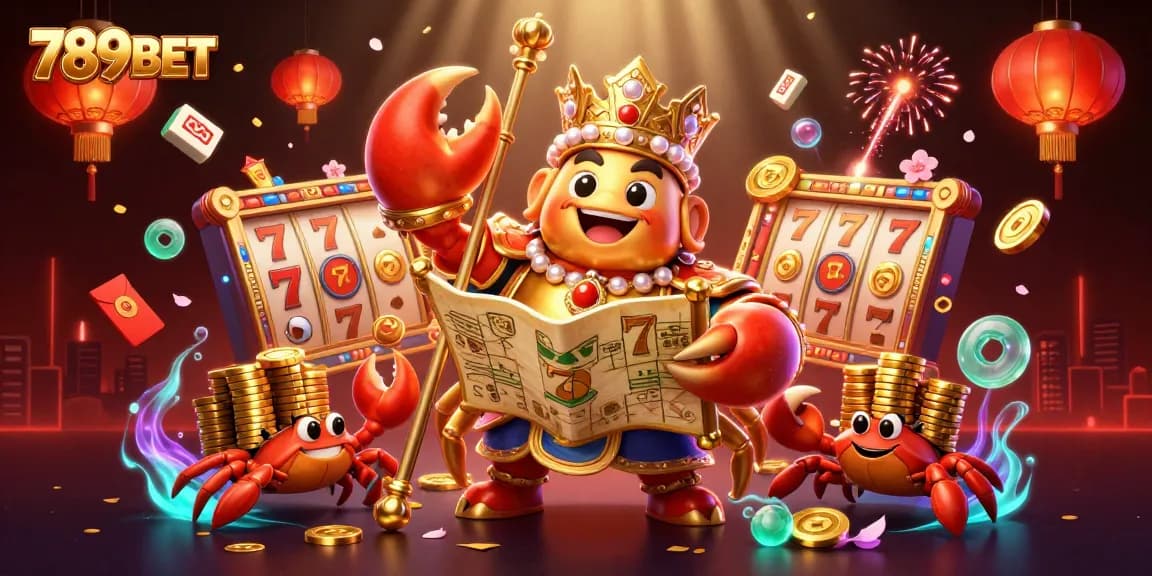 Play exciting games at 789BET with the golden crab emperor surrounded by colorful casino elements.
