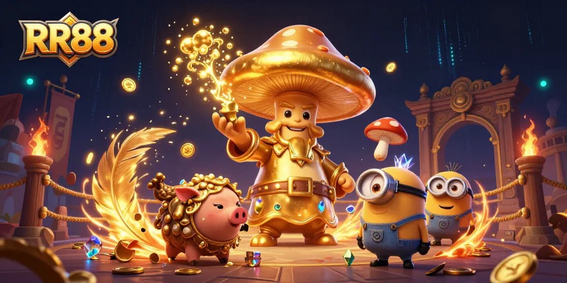 Experience thrilling gameplay at RR88 with a vibrant 3D casino scene featuring magical characters and treasures.