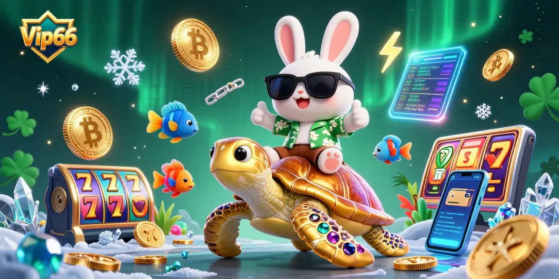 Experience the excitement of Vip66 with vibrant slot reels and cartoon characters in a dynamic casino setting.