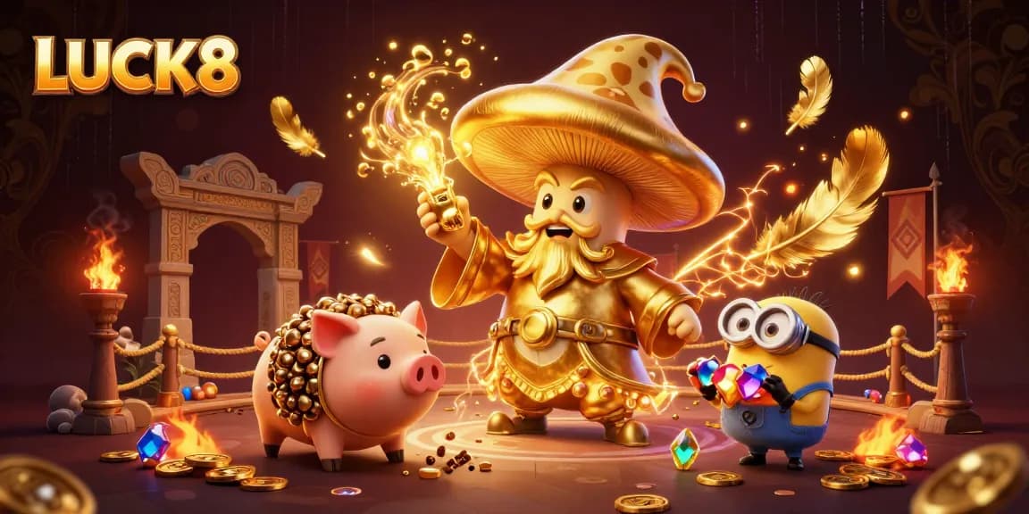Experience the thrill of LUCK8 with magical characters amidst a vibrant casino scene.
