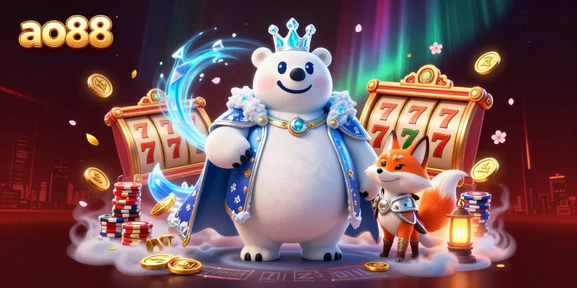 Play slots with ao88 in an exciting 3D illustration featuring a royal polar bear and a silver fox.
