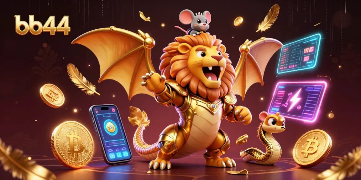 Experience thrilling adventure at bb44 with a golden chimera and crypto elements in this detailed casino illustration.