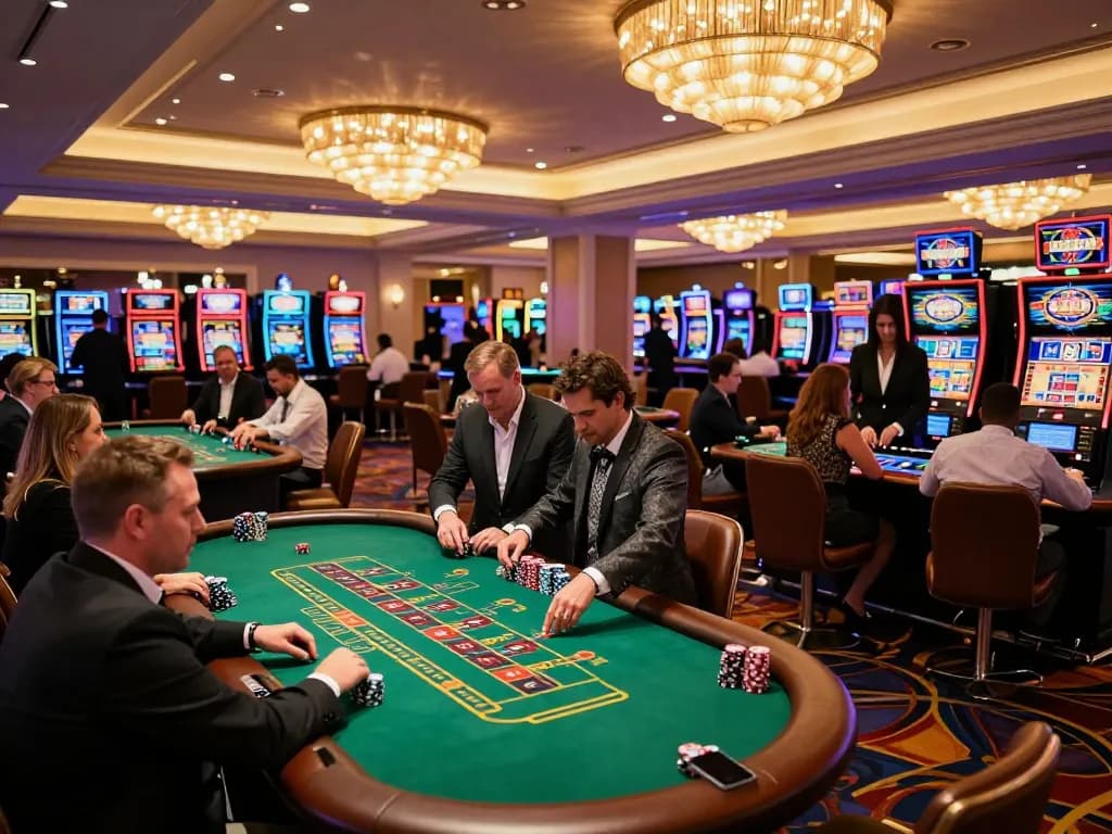 Players engaging in strategic bets at a bustling windd casino floor with vibrant tables and excitement.