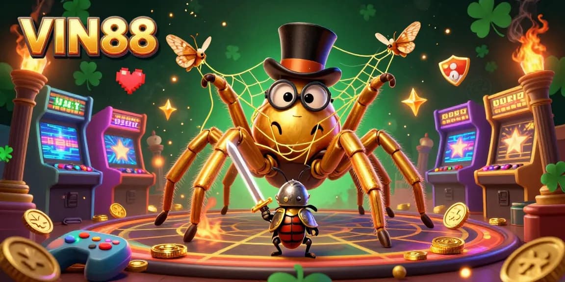 Experience the thrill of gaming with VIN88, featuring a giant tarantula and knight amid vibrant casino elements.