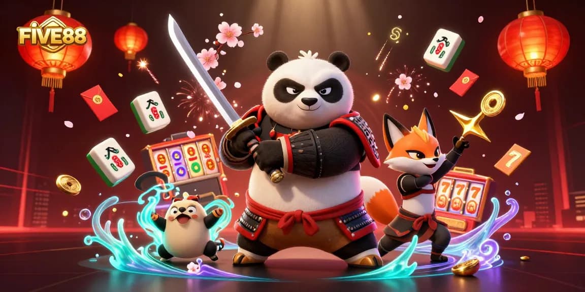 Experience exciting gaming with FIVE88, featuring vibrant samurai panda, ninja fox, and magical tanuki.