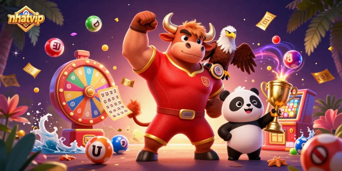 Experience the excitement of Nhatvip with vibrant casino-themed illustration depicting dynamic gaming elements and cheerful characters.