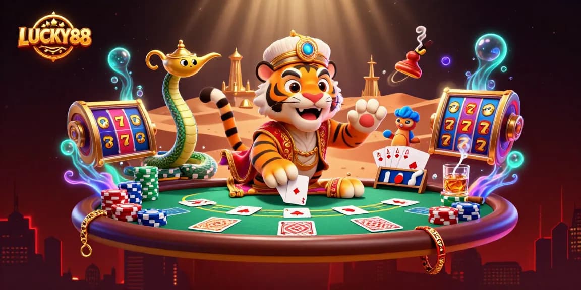 LUCKY88 casino scene with a tiger sultan and magic lamp in a vibrant, rich 3D illustration