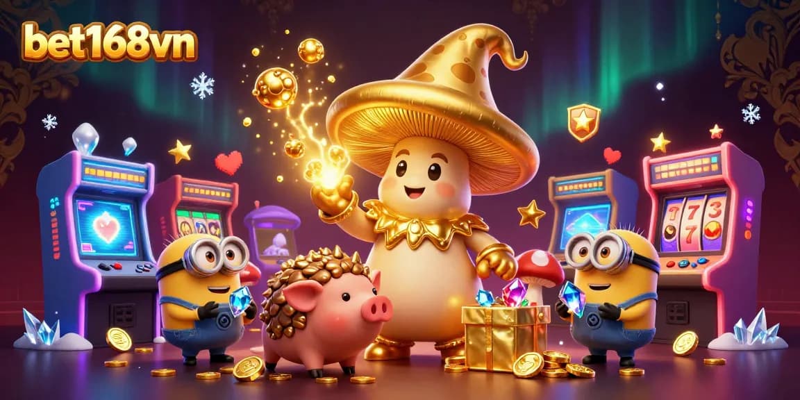 Experience the magic of gambling with bet168vn, featuring a golden wizard and treasure-hunting pig.