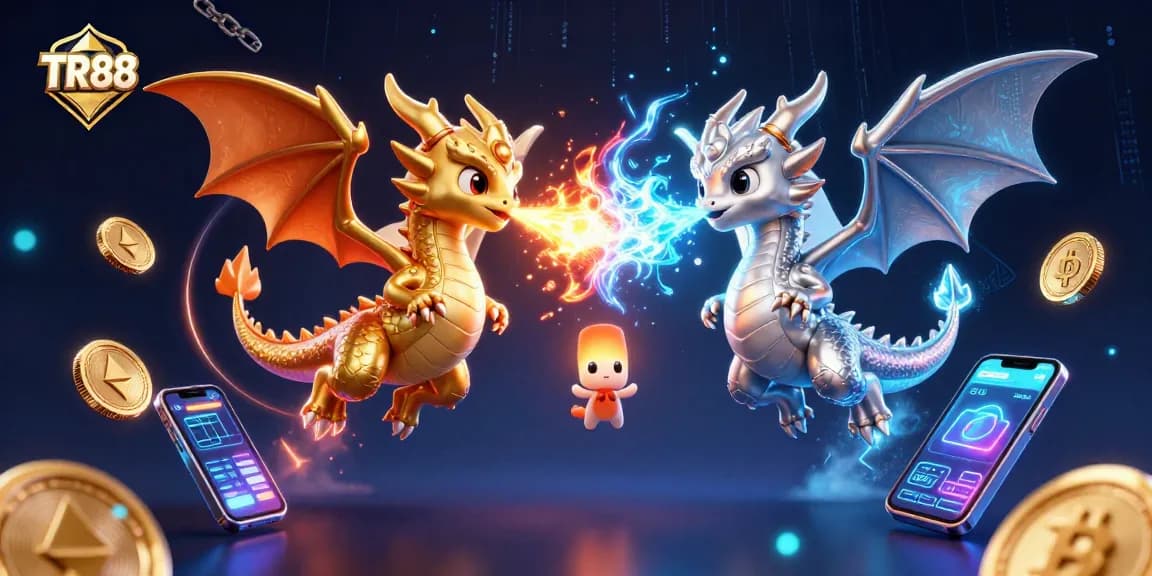 Experience exhilarating gameplay at TR88 featuring dragons amidst illuminating crypto elements in this dynamic casino scene.