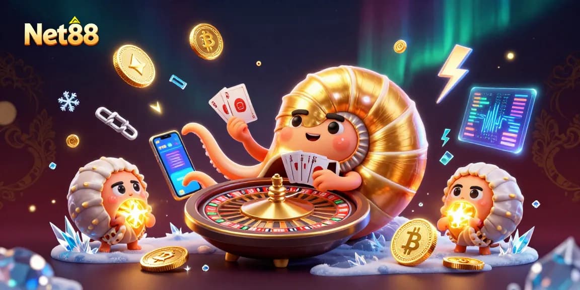 Experience thrilling spins with Net88 in a vibrant 3D casino illustration.
