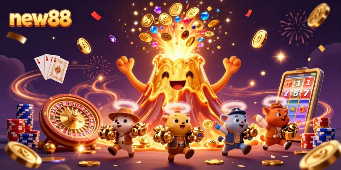 Win big at new88 with an explosion of coins and treasures erupting from the vibrant casino scene.