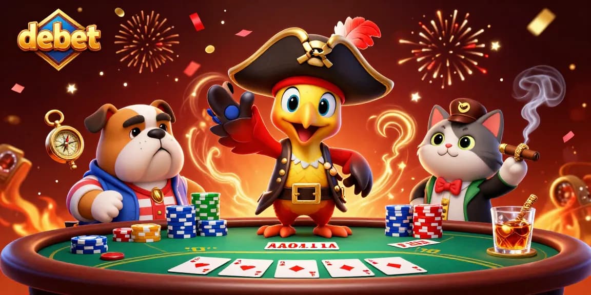 Enhance your gaming experience with debet at this colorful 3D casino scene filled with poker elements.