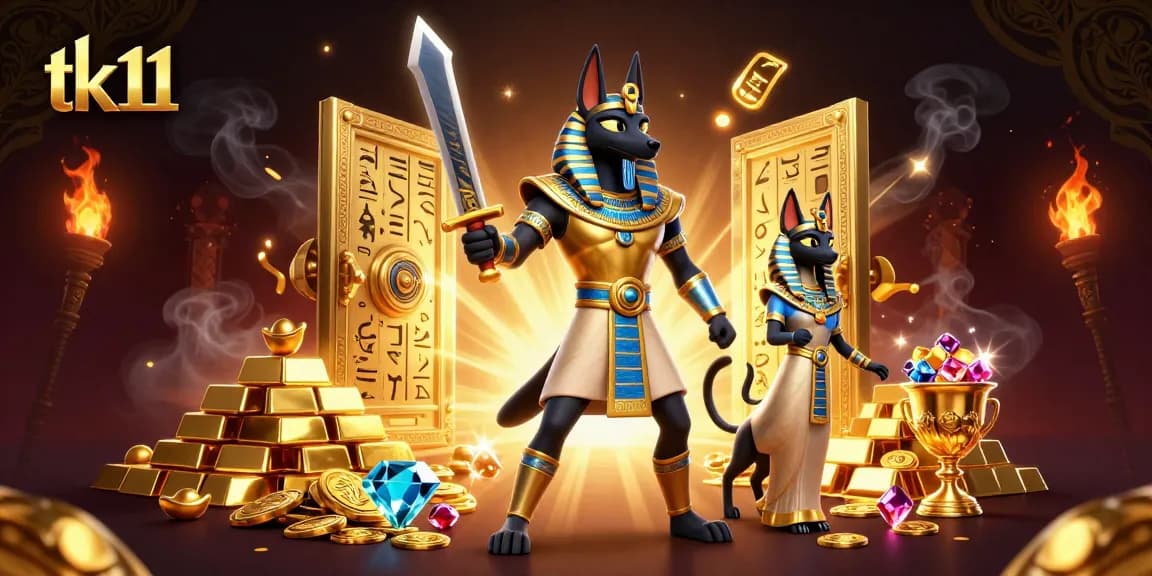 Engage with tk11, featuring Anubis and Bastet in a vibrant casino-themed treasure scene.