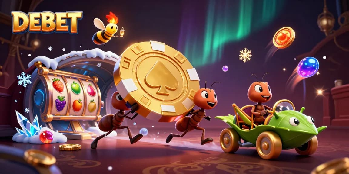 Capture the excitement of DEBET with ants stealing a giant poker chip in this vibrant casino scene.