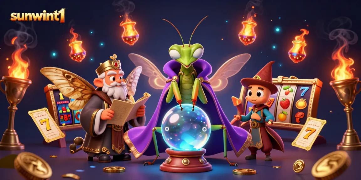 Experience thrilling jackpots with sunwint1 as a whimsical fortune teller peers into a crystal ball surrounded by vibrant casino elements.
