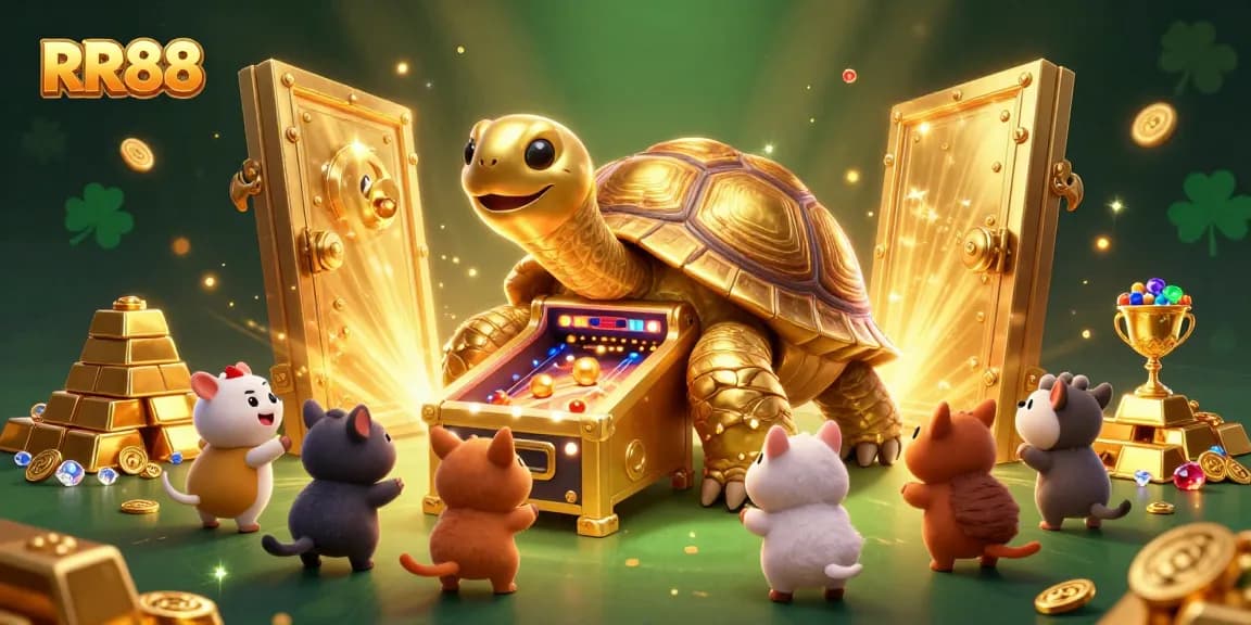 RR88 engages players with a colossal golden tortoise pinball machine and treasure bursting with gold.