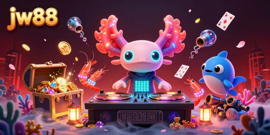 Experience vibrant gameplay at jw88 with neon axolotl DJ and sparkling underwater elements.