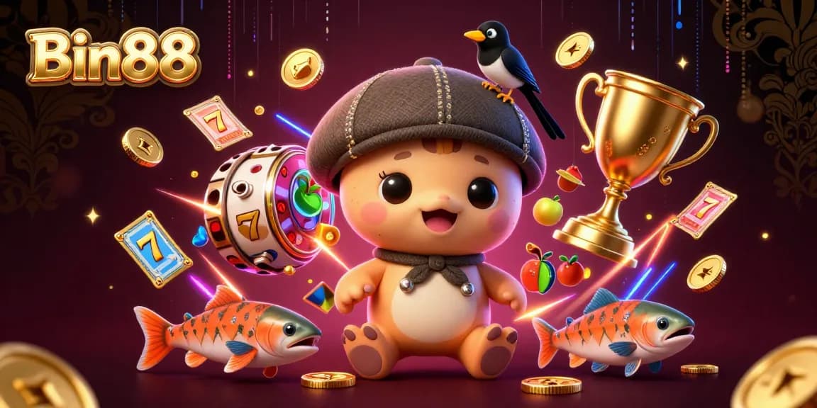 Engage with Bin88, showcasing colorful slots and dynamic game elements in an animated casino scene.