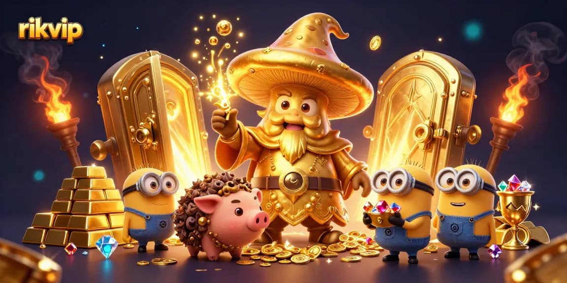 Experience the magic of rikvip with a golden mushroom wizard casting spells and treasure-filled surroundings.