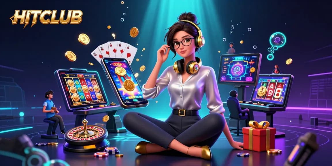 Experience the thrill of HITCLUB with a photorealistic Asian gamer amidst dynamic casino elements.