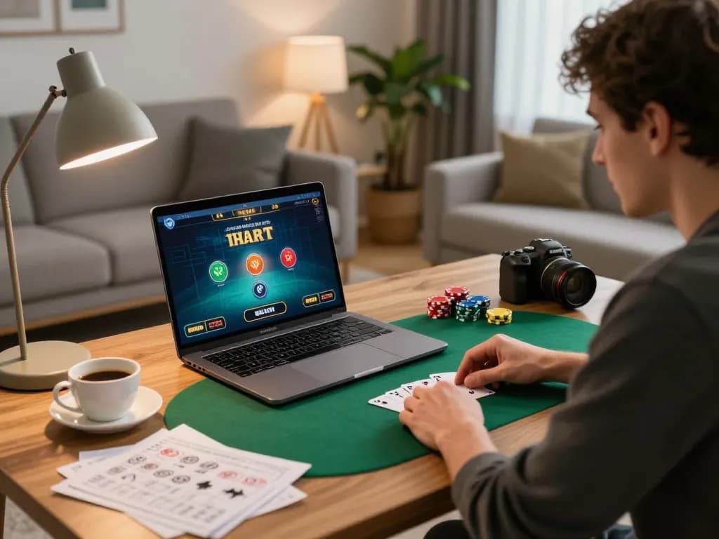 Player engaged in an exciting poker game online at 888b, showcasing a cozy home gaming atmosphere
