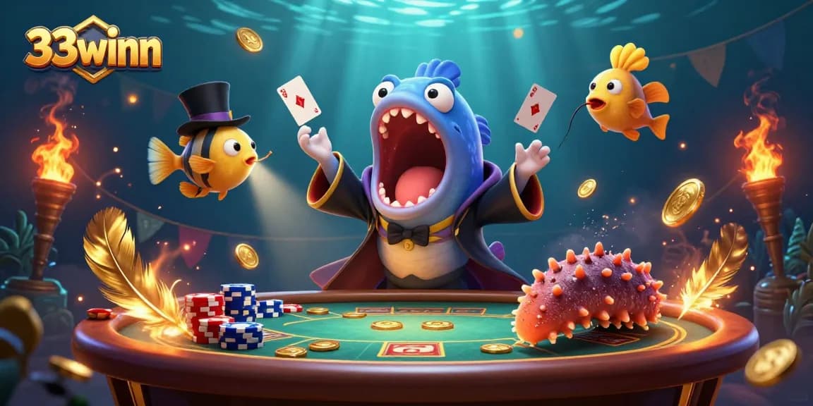 Engage with 33winn's vibrant underwater casino scene where a gulper eel performs magic card tricks.