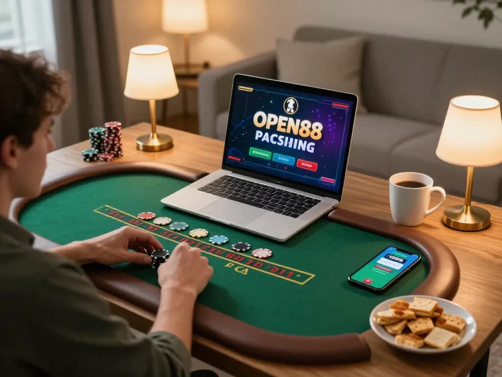 Engaging in open88 blackjack game on a laptop at home, showcasing a cozy gaming setup.