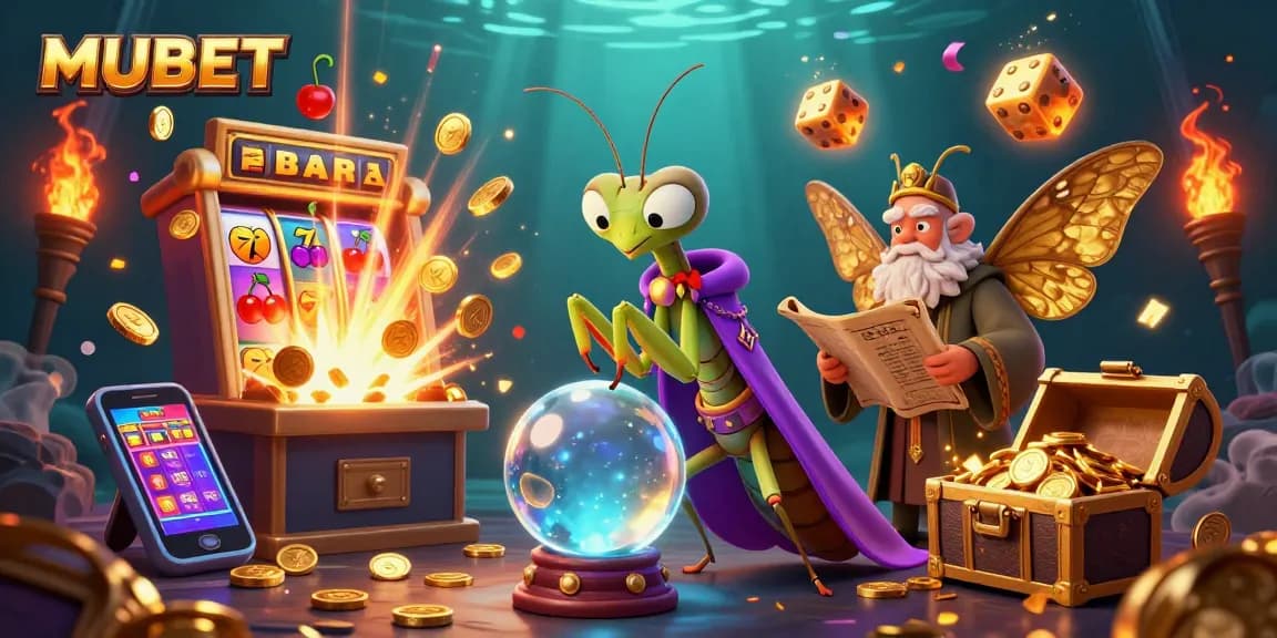 Engage in the excitement at MUBET with vibrant casino elements and mystical characters in a lively illustration.