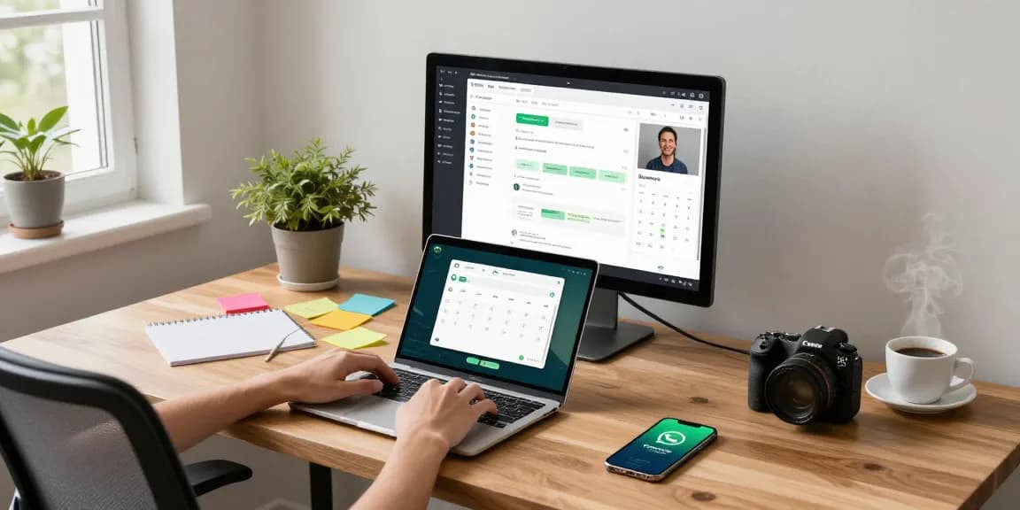 Active workspace with user engaging in WhatsApp電腦版 on laptop, modern office details