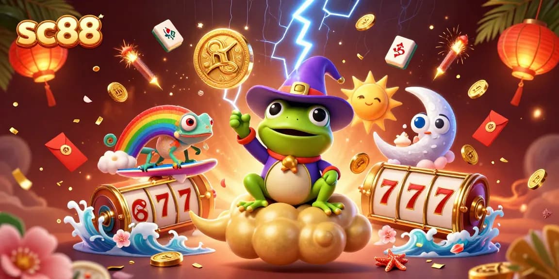 Join the excitement at sc88 as the weather wizard frog conjures golden coins amidst vibrant casino elements.