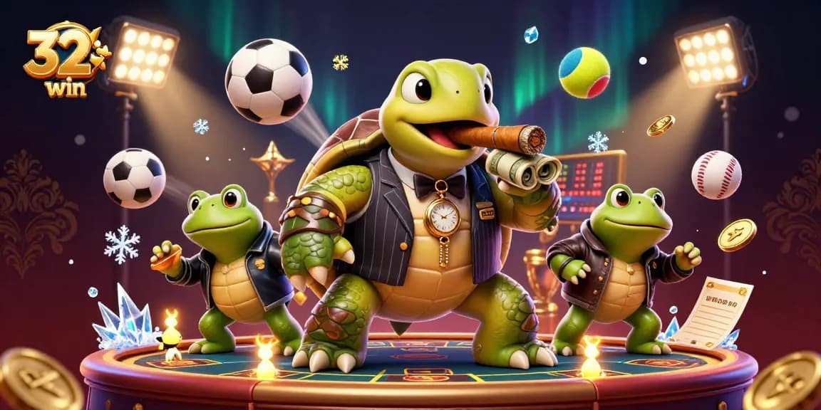 Betting on 32win, a massive snapping turtle character in a mobster suit surrounded by dynamic sports elements.