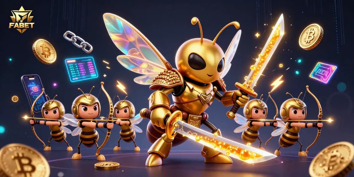 FABET showcases a vibrant 3D scene of a golden hornet warrior gambling amidst shimmering cryptocurrencies.