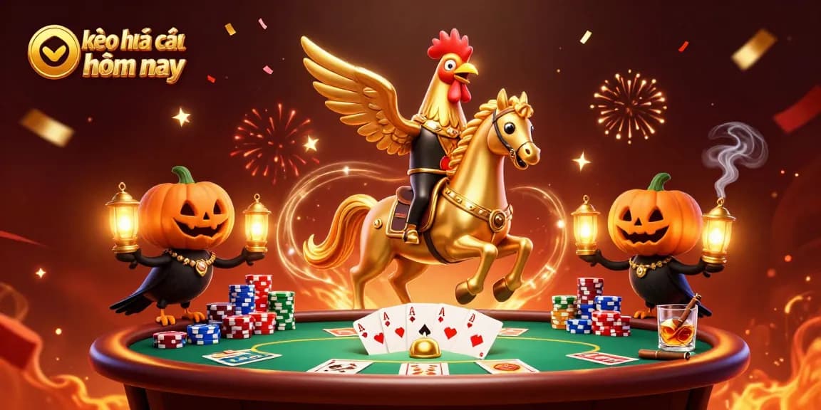 Engage with kèo nhà cái hôm nay in a vibrant casino scene featuring a golden rooster and crow companions.