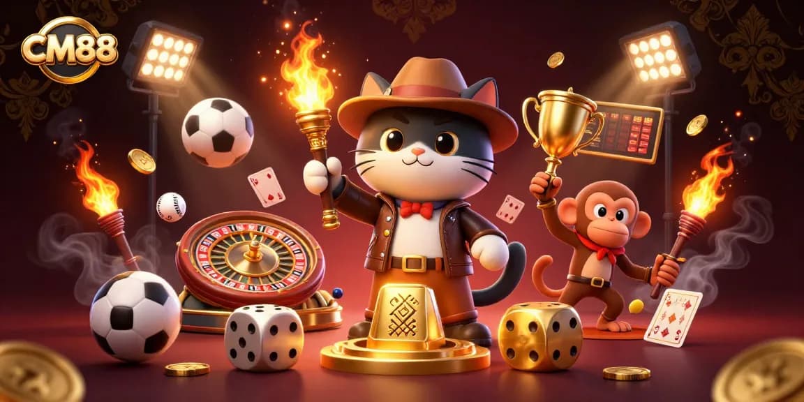 Engage in exciting gaming with CM88, featuring a cat explorer discovering casino treasures amid lively elements.