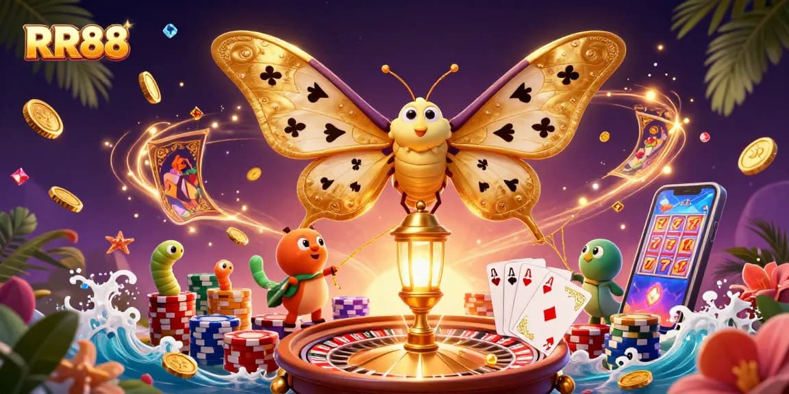 Experience RR88's vibrant casino atmosphere with golden coins, lively games, and rich visuals.