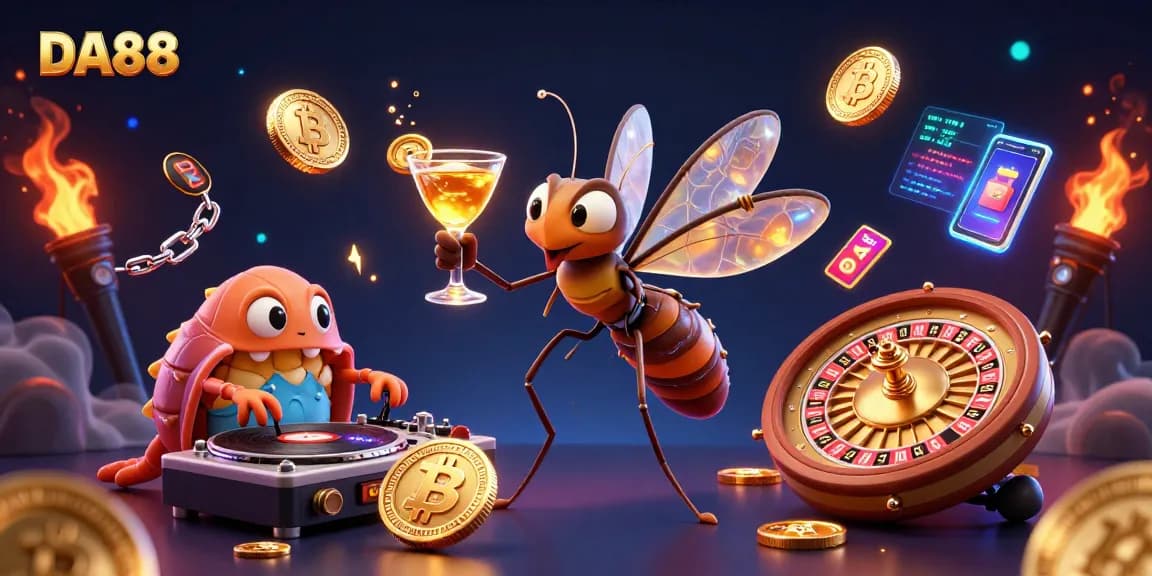 Join DA88 in an immersive gaming experience featuring a golden cocktail, roulette wheel, and vibrant crypto elements.
