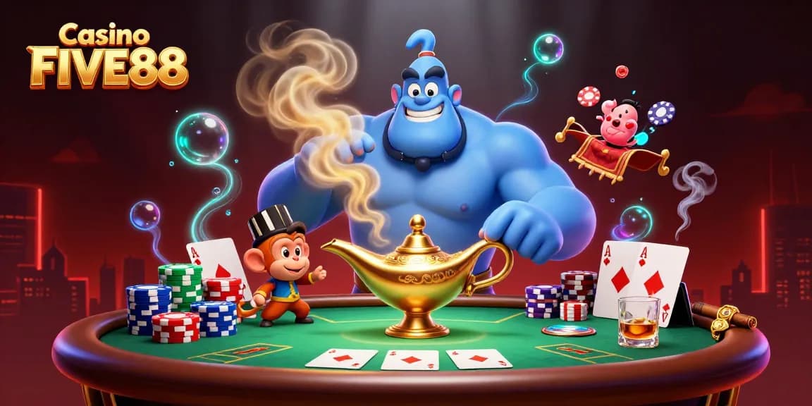 Experience excitement at Casino FIVE88 with a dynamic scene featuring a genie, poker chips, and more.
